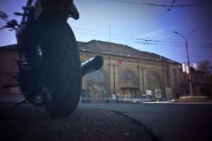 The train station with parked motorcycle