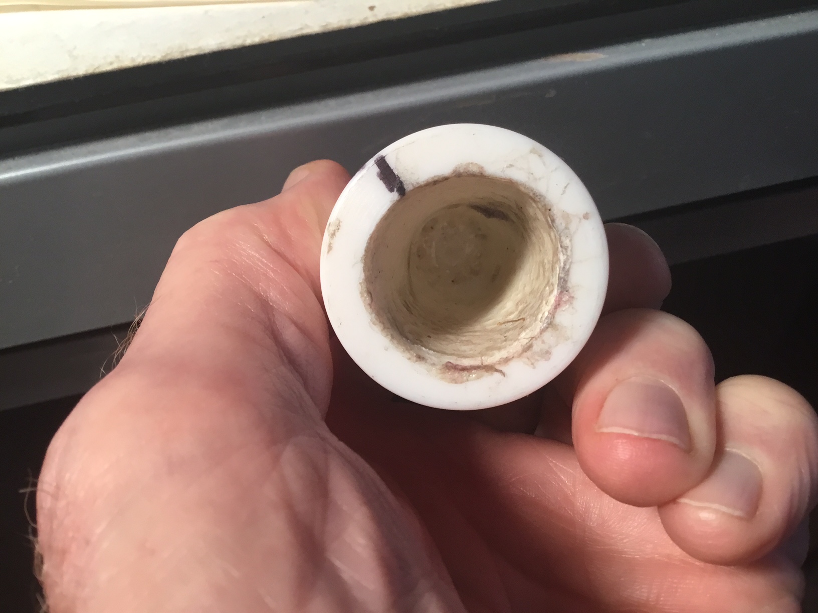 You can see Tubasti sew-up rim cement on the bore of the Thumb Thumper. I also use it in my thimbles. It doesn’t take much. It has to cure for several days after application. Even so, it’s initially too sticky, but it breaks in just about right.